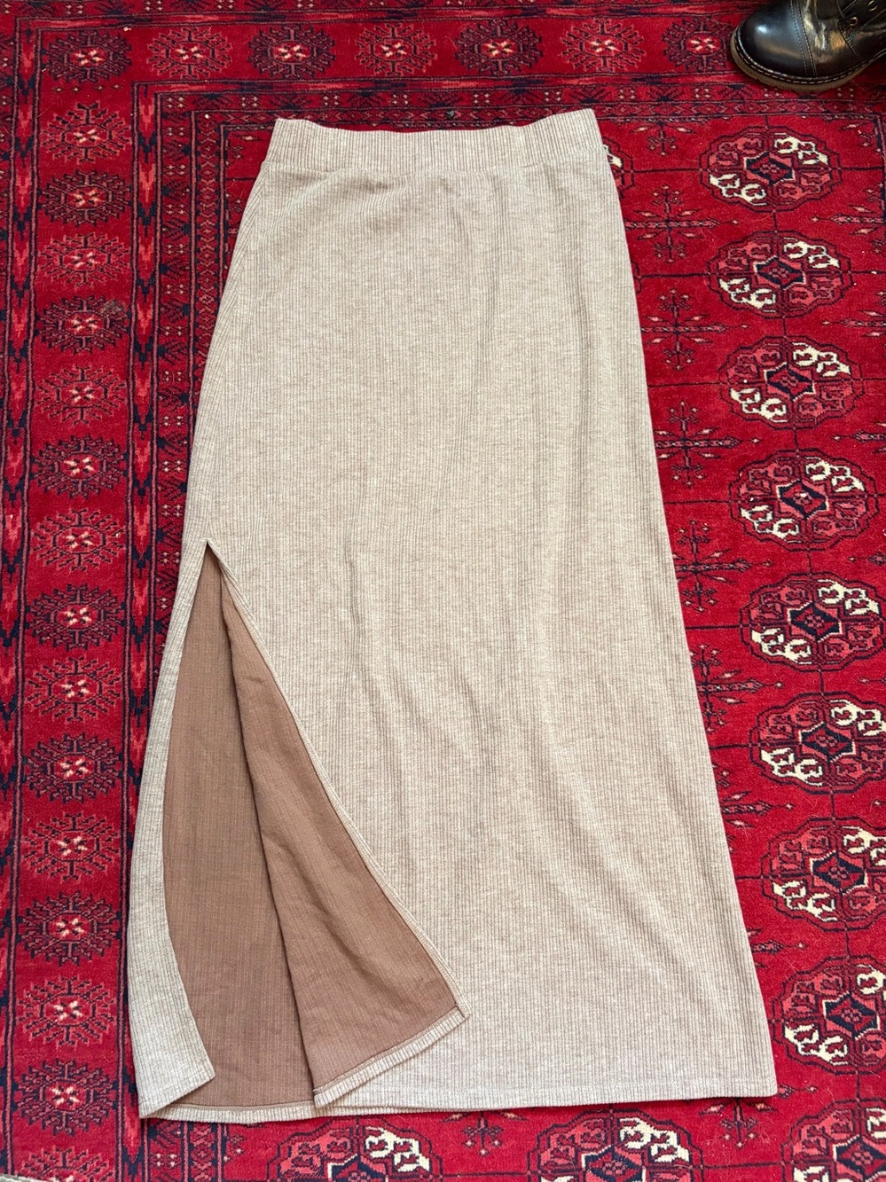 Halara Ribbed High Waisted Split Bodycon Midi Maxi  Casual Skirt Beige & Brown M